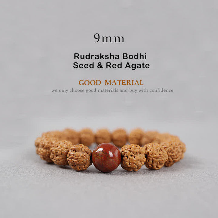 Buddha Stones Tibet Rudraksha Bodhi Seed Dzi Bead Bernstein Türkis Reichtum Armband - 9 mm - Rudraksha-Bodhi-Samen und roter Achat - image 9