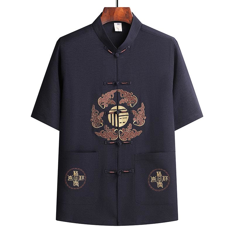 Buddha Stones Fu Charakter Tang Anzug Hanfu Traditionelle Uniform Kurzarm Oberteil Hosen Kleidung Herren Set