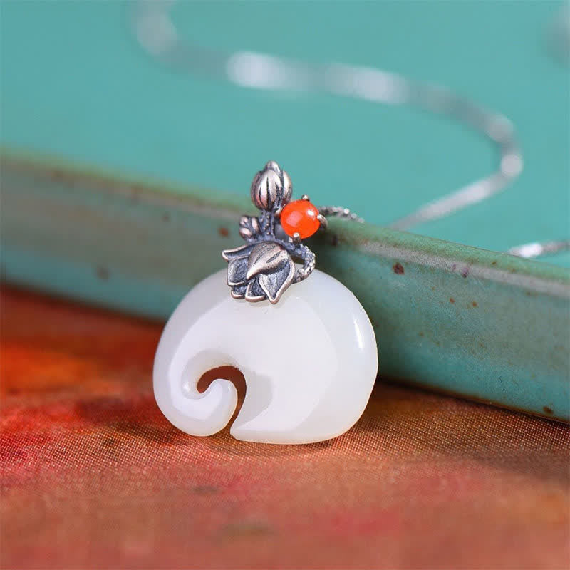 Weiß Jade-Elefant-Lotus-Schutz-Halskettenanhänger - image 4