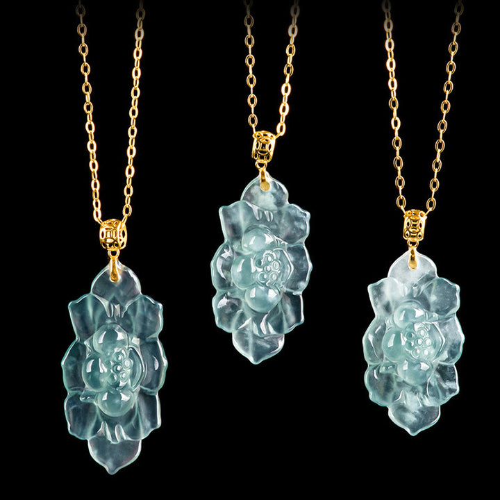 Buddha Stones 18K Gold natürliche Jade Lotus Muster Wohlstand Halskette Anhänger - image 8