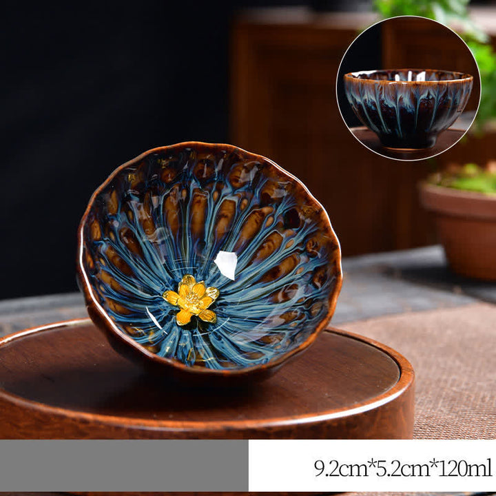 Teetasse aus Keramik mit Buddha Stones , Lotus, Pfau, Drache, Phönix, Koi-Fisch, eingelegte Teetassen, 120 ml - Gold - Lotus Blume - image 12