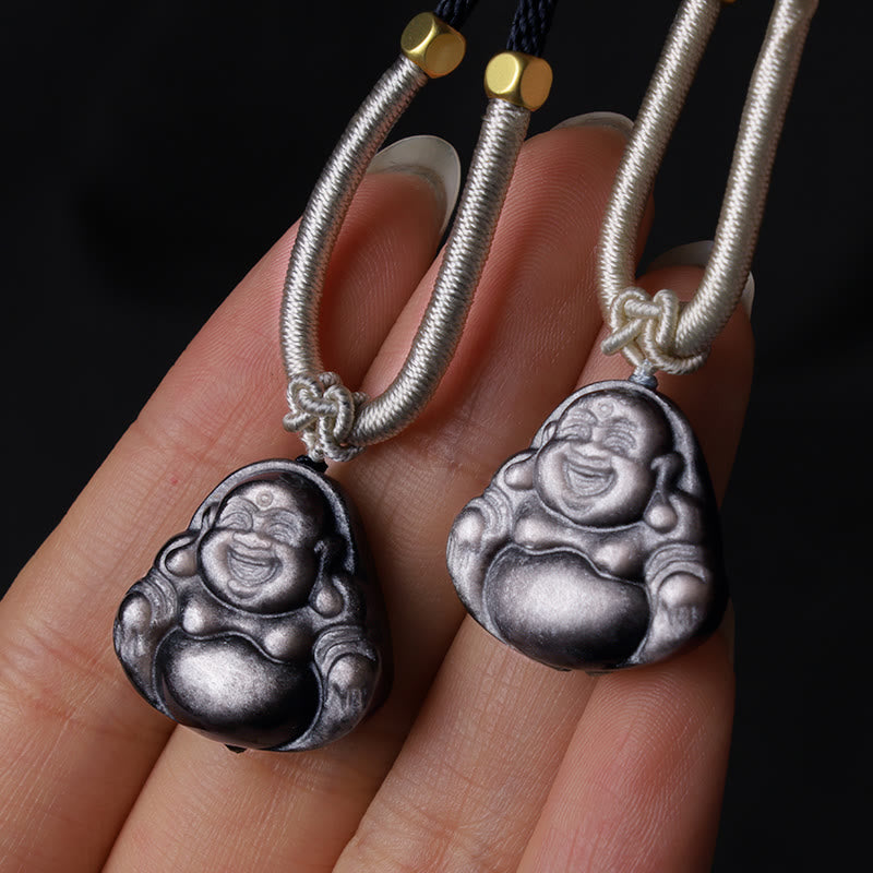 Buddha Stones, natürlicher silberfarbener Obsidian, lachender Buddha-Schutz-Halsketten-Anhänger - image 9