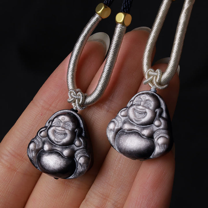 Buddha Stones, natürlicher silberfarbener Obsidian, lachender Buddha-Schutz-Halsketten-Anhänger - image 9