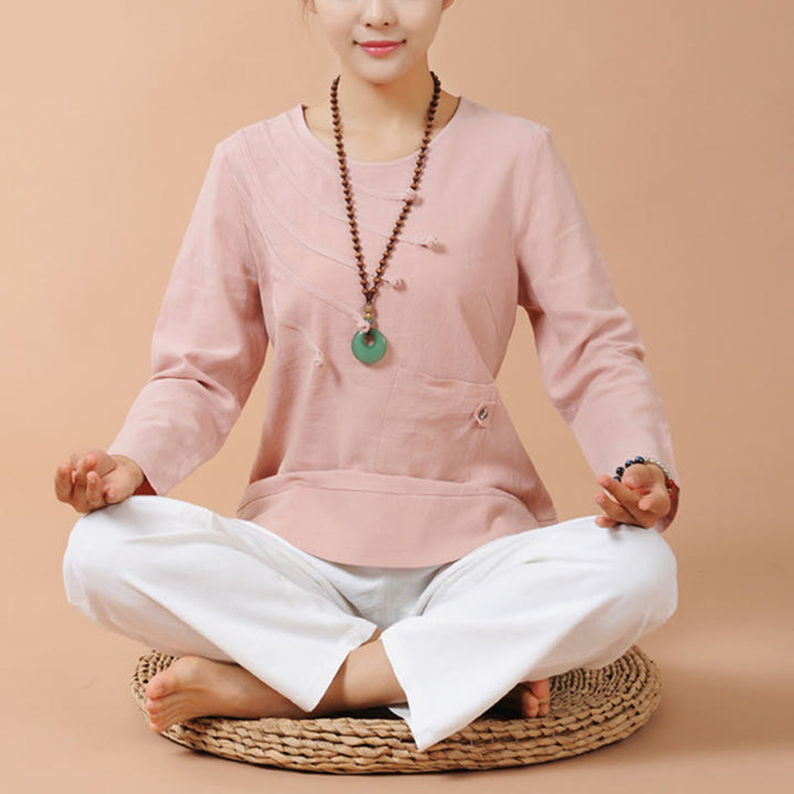 Buddha Stones 2-teiliges Langarm-T-Shirt-T-Shirt-Hose Meditation Zen Tai Chi Leinenkleidung Damen-Set