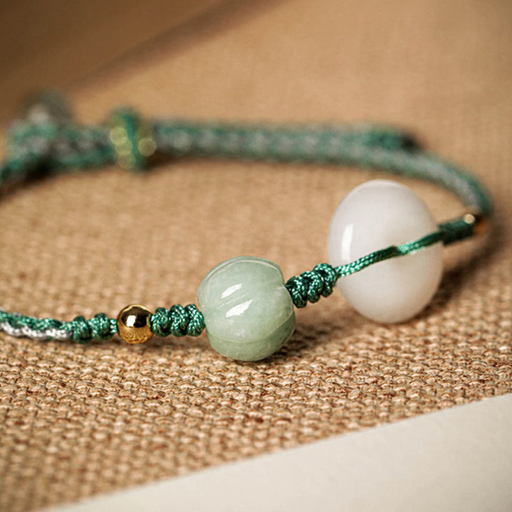 Buddha Stones Geflochtenes Armband mit Friedensschnalle aus weißem Jade, Kürbisperle und Glücksbringer - image 5