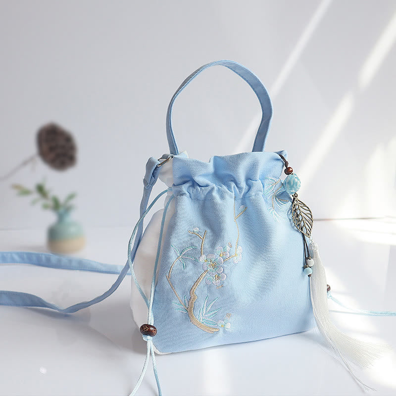 Buddha Stones Handgefertigte bestickte Blumen Canvas Tote Schultertasche Handtasche - Blau-Weiß-Pflaumenfarbener Bambus 20 x 20 cm - image 35