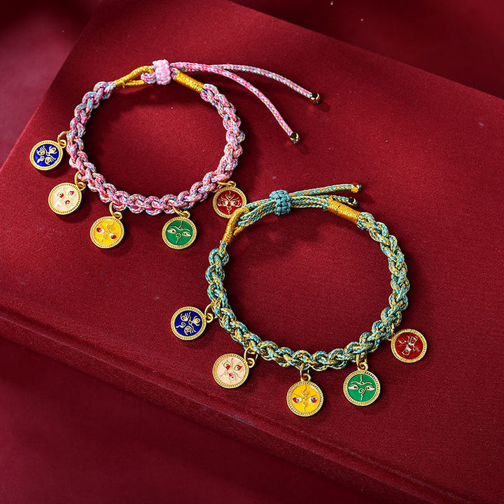 Buddha Stones Handgefertigtes tibetisches mehrfarbiges Seil, geflochtenes Armband mit fünf Göttern des Reichtums und des Glücks