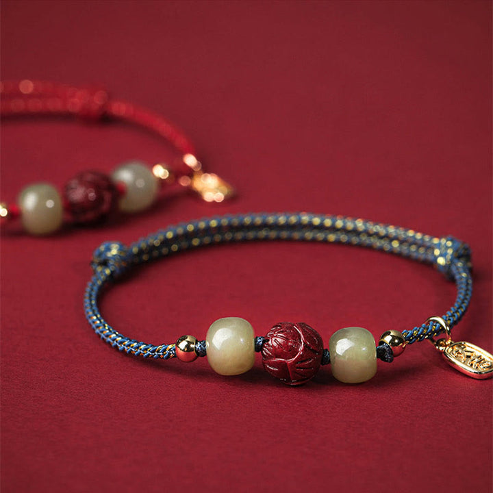 Buddha Stones 14K vergoldetes Hetian Jade Zinnober Lotus Glück handgefertigtes Seilarmband - image 8