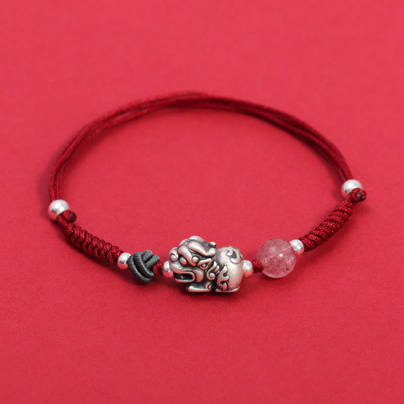 Buddha Stones 999 Sterling Silber PiXiu Erdbeerquarz Perlen Reichtum Glück geflochtenes Armband