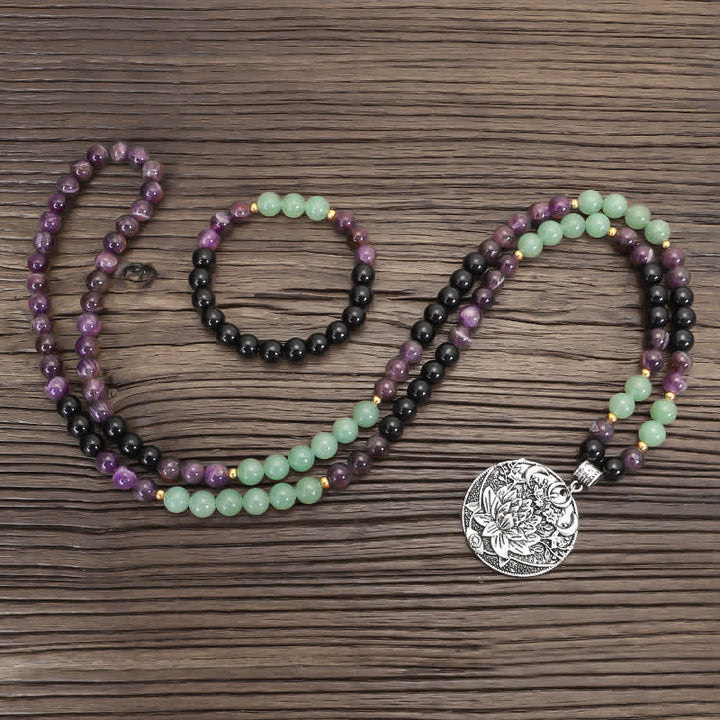 Buddha Stones 108 Mala-Perlen, Amethyst, grüner Aventurin, Lotus, Meditationsarmband