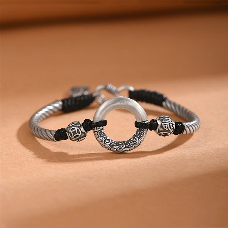 Buddha Stones 999 Sterling Silber Friedensschnalle mit Fu-Zeichen, Kupfermünze, Glückswolken-Armband - 999 Sterlingsilber (Armbandgröße 18+1cm) - image 0