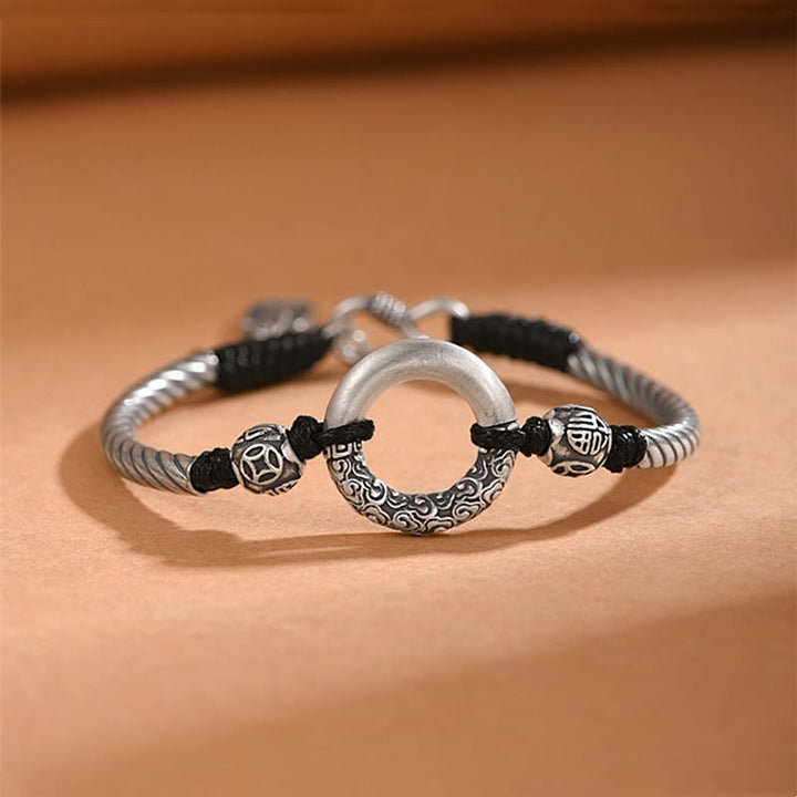 Buddha Stones 999 Sterling Silber Friedensschnalle mit Fu-Zeichen, Kupfermünze, Glückswolken-Armband - 999 Sterlingsilber (Armbandgröße 18+1cm) - image 0
