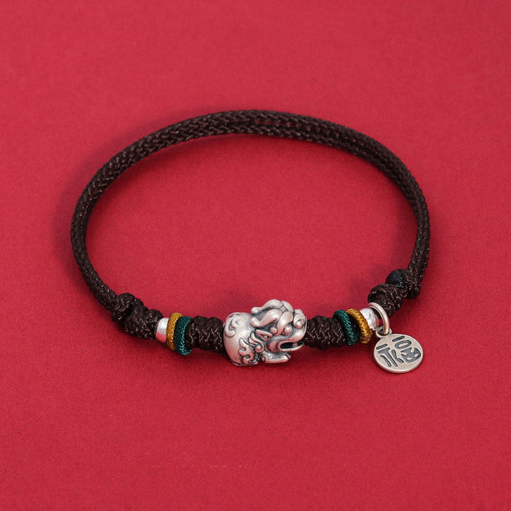 Buddha Stones 925 Sterling Silber PiXiu Fu Charakter Reichtum Glück Handgefertigtes geflochtenes Armband - Braunes Seil (Handgelenkumfang 14-17 cm) - image 7