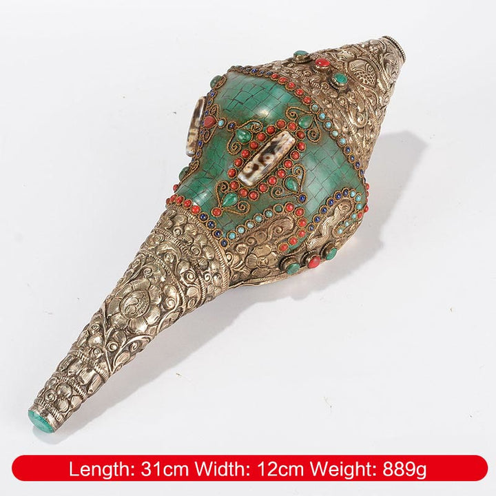 Tibetische handgefertigte gravierte Shankha Doppel-Dorje-Buddha-Muschelmuschel, Reichtum, positive Dekoration - Doppel-Dorje 31*12cm - image 2