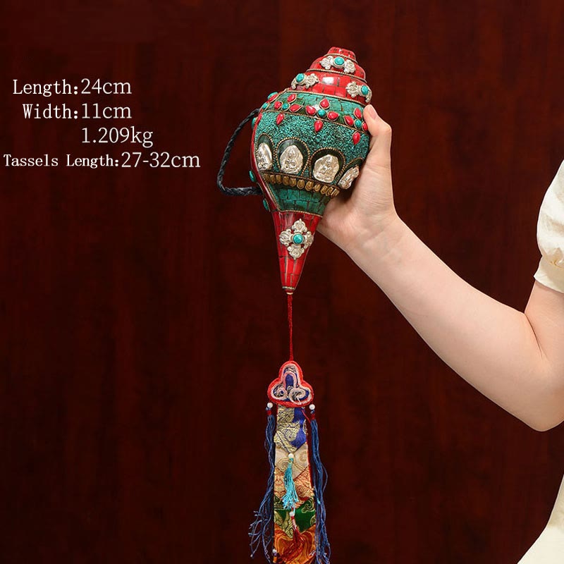 Tibetische handgemachte Shankha Om Mani Padme Hum Buddha Avalokitesvara Türkis Muschel Muschel positive Dekoration - Roter Türkis 24 x 11 cm - image 1