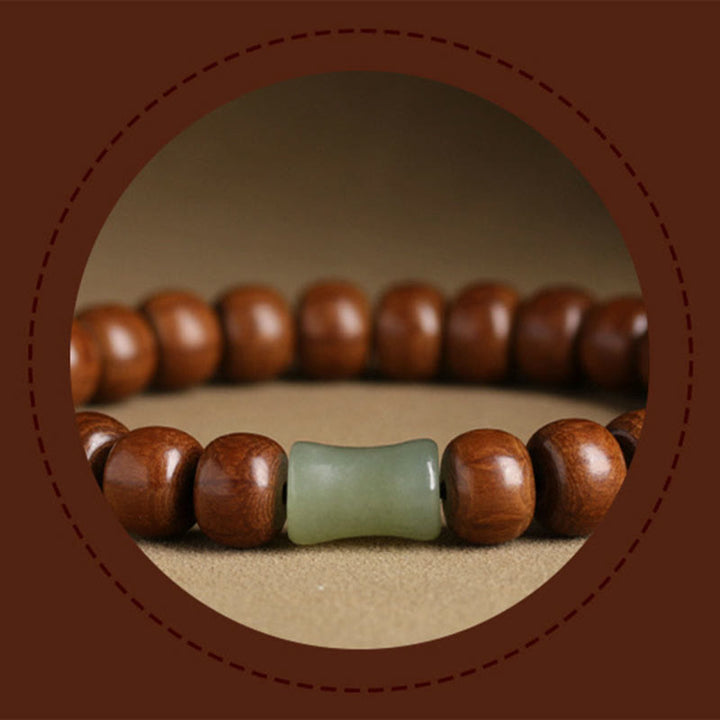 Buddha Stones Armband aus natürlichem Abelia Biflora-Holz, Hetian-Jade und Bambusperle, das böse Geister abwehrt