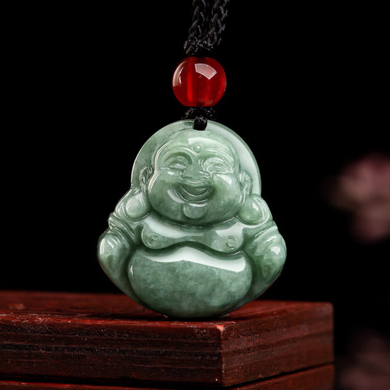 Buddha Stones, natürlicher grüner Jade-Halskettenanhänger, lachender Buddha, Glück, Fülle