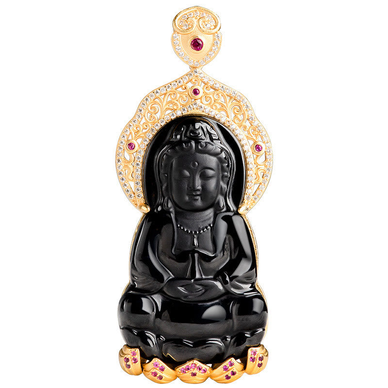 Buddha Stones , natürlicher schwarzer Jade-Anhänger, Kwan Yin Avalokitesvara, Reichtums-Titanstahlkette - image 3