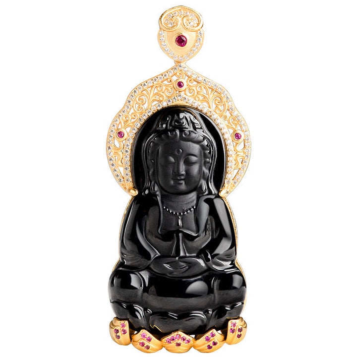 Buddha Stones , natürlicher schwarzer Jade-Anhänger, Kwan Yin Avalokitesvara, Reichtums-Titanstahlkette - image 3