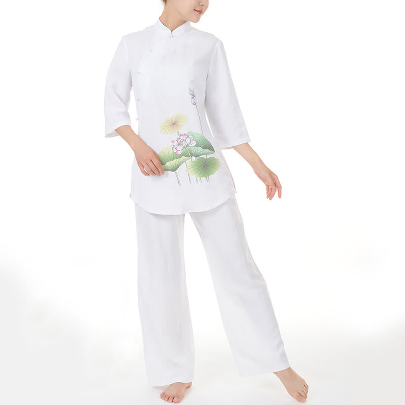 Buddha Stones 2-teiliges Set mit Weiß Lotusblütenblättern, Halbarm-Shirt, Oberteil und Hose, Meditation, Zen, Tai Chi, Leinenkleidung für Damen