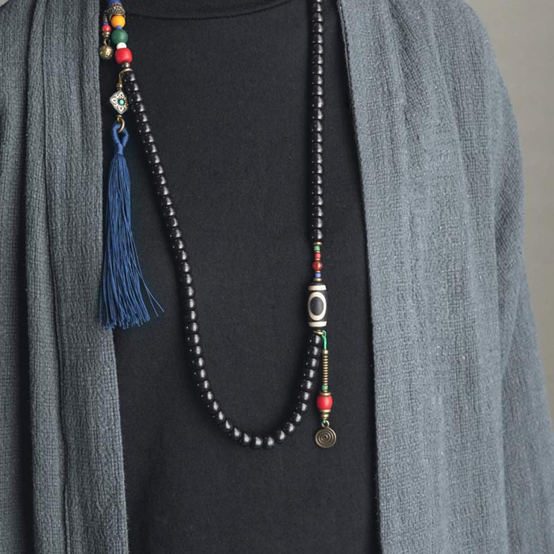 Buddha Stones 108 Perlen Mala Ebenholz Holz Dzi Perle Kupfer Balance Quaste Armband - image 4