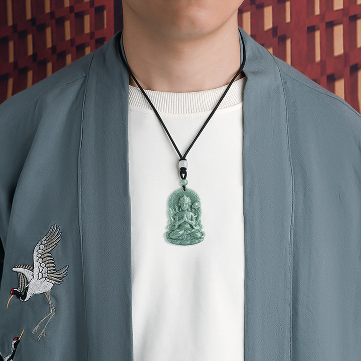 Vierarmige Avalokitesvara-Amulett-Segen-Halskette aus natürlicher Jade - image 3