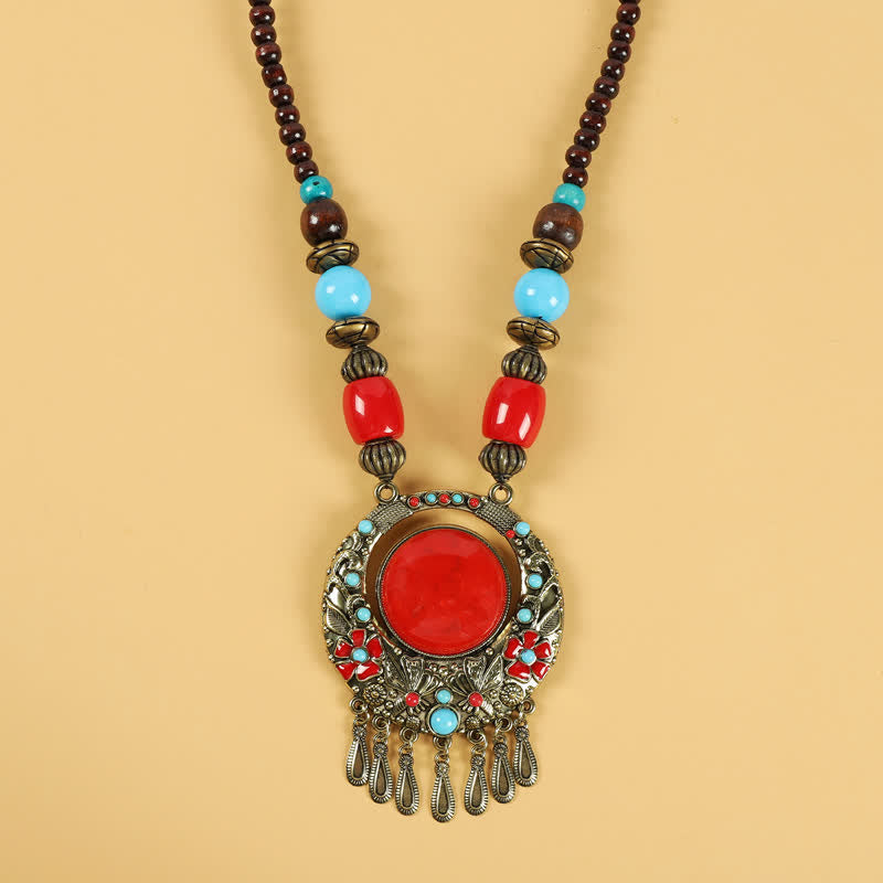 Tibetische Retro-Perlen, Quasten-Haarschmuck, Haarschmuck - Blumenrot - image 15