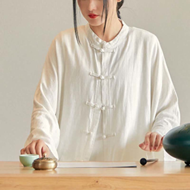 Buddha Stones Plain Frosch-Knopf-Design Shirt Zen Tai Chi Meditation Top Kleidung Baumwolle Leinen Jacke