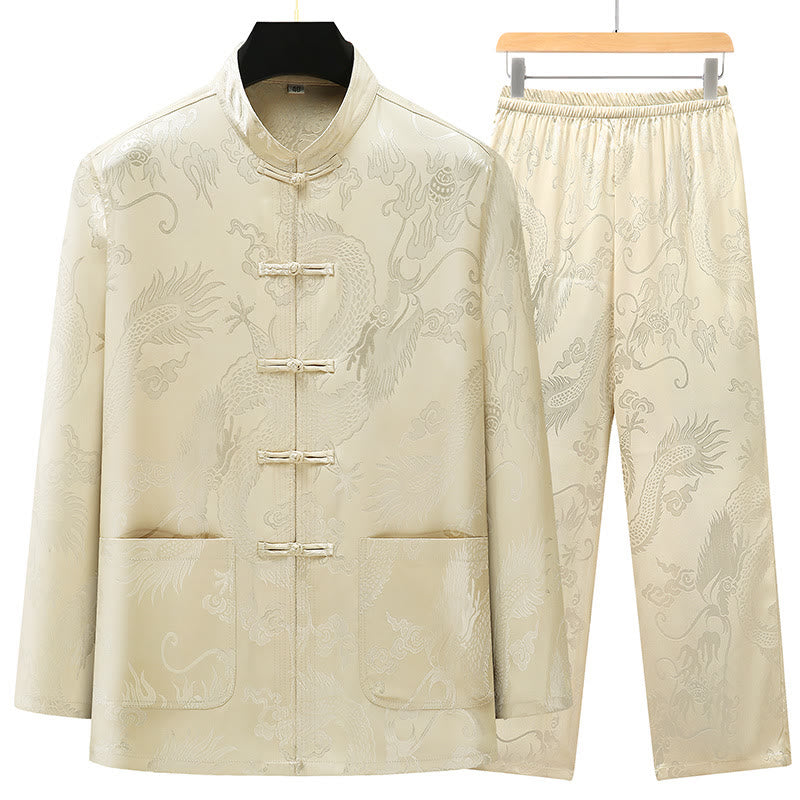 Buddha Stones Tang Anzug Männer Hanfu Chinesischer Drache Traditionelle Kleidung Kung Fu Hemd Uniform Langärmeliger Mantel Tops und Hosen Kleidung Herren Set - Beige - US/UK/AU42, EU52 (3XL) - image 17