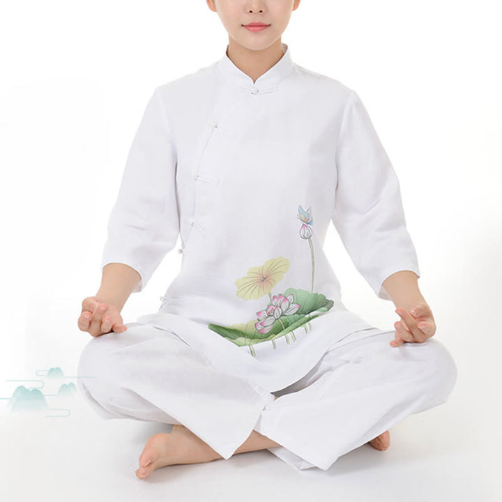 Buddha Stones 2-teiliges Set mit Weiß Lotusblütenblättern, Halbarm-Shirt, Oberteil und Hose, Meditation, Zen, Tai Chi, Leinenkleidung für Damen