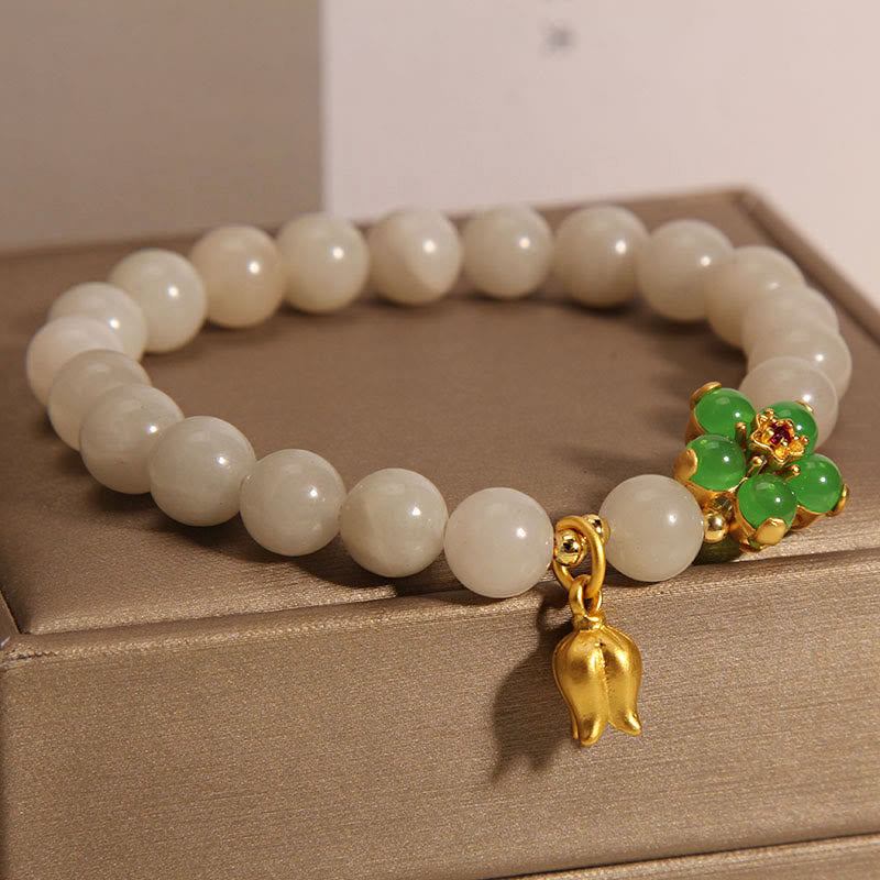 Buddha Stones Armband mit Glücksbringer, natürliche Jade, grüne Blume, Maiglöckchen