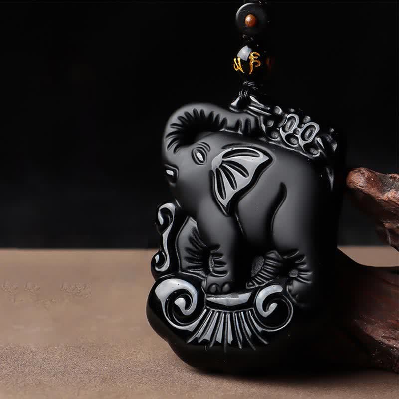 Schwarzer Obsidian-Elefant-Schutzschnur-Halsketten-Anhänger-Schlüsselanhänger