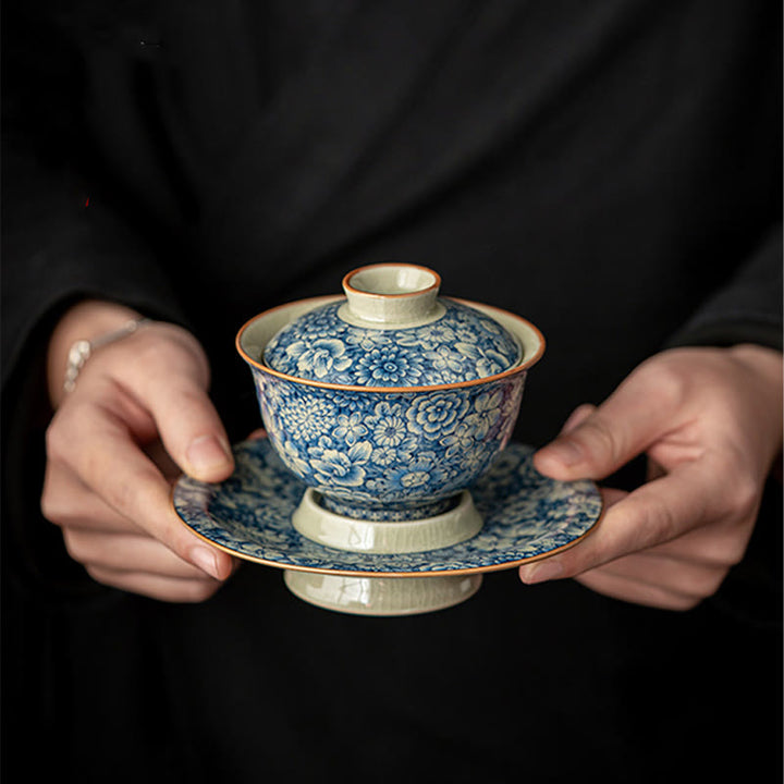 Buddha Stones Vintage Blaues und Weiß Porzellan Pfirsichblüte Lotus Pfingstrose Keramik Gaiwan Sancai Teetasse Kung Fu Teetasse und Untertasse mit Deckel - image 7