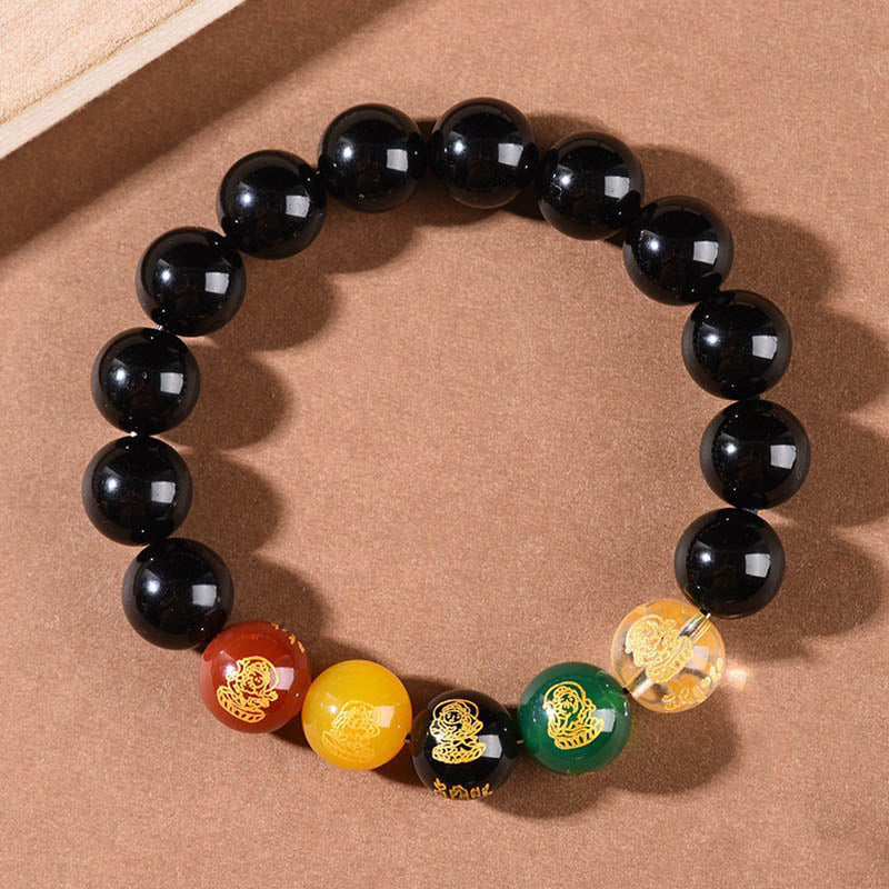 Buddha Stones Armband Gods of Wealth, goldglänzender Obsidian, Regenbogenobsidian, schwarzer Obsidian, Five Directions