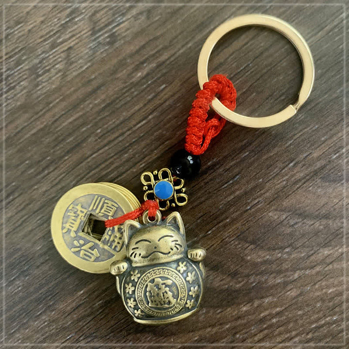 Buddha Stones, Feng Shui, fünf Kaisermünzen, Glückskatze, Geld, Reichtum, Schlüsselanhänger - Glückliche Katze - image 1