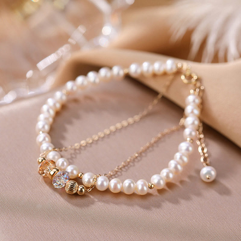 Buddha Stones 925 Sterling Silber plattiert 14 Karat Gold Naturperlen Kristall Heilung Doppellagiges Armband - Perle (Heilung♥Weisheit) - image 0