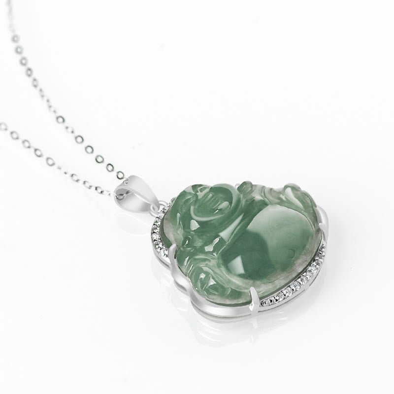 Buddha Stones 925 Sterling Silber Lachender Buddha Natürliche Jade Glück Wohlstand Halskette Kettenanhänger - image 3
