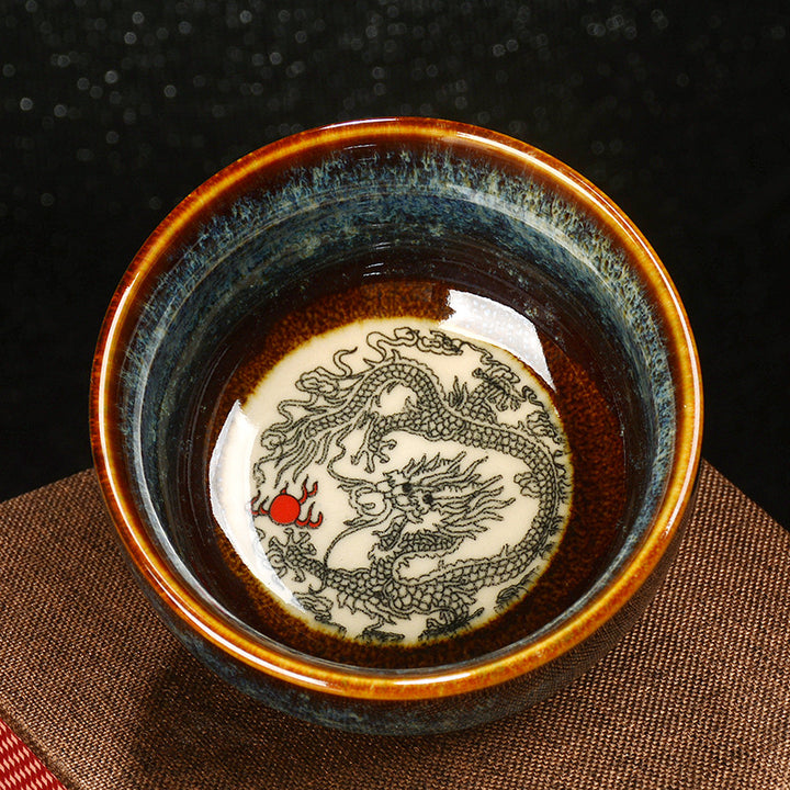 Buddha Stones Lotus Dragon Phoenix Koi Fish Chinesische Jianzhan-Keramik-Teetasse, Kung-Fu-Teetasse, 110 ml