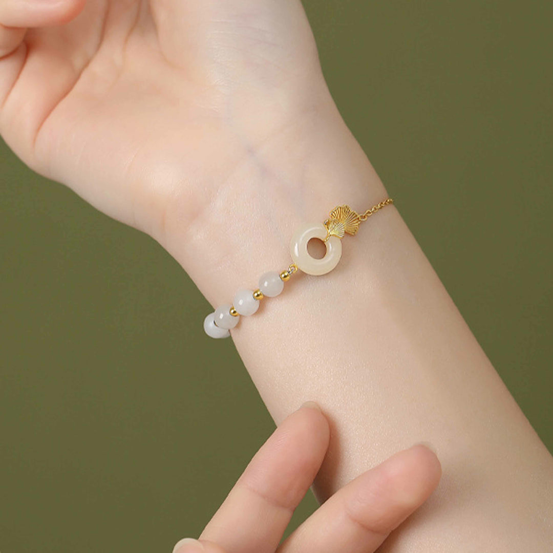 Buddha Stones 925 Sterling Silber Hetian Weiß Jade Friedensschnalle Ginkgoblatt Glücksarmband - image 5