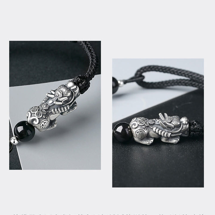 Buddha Stones 999 Sterling Silber FengShui PiXiu Natürlicher schwarzer Obsidian 925 Sterling Silber Bead Strength Armband