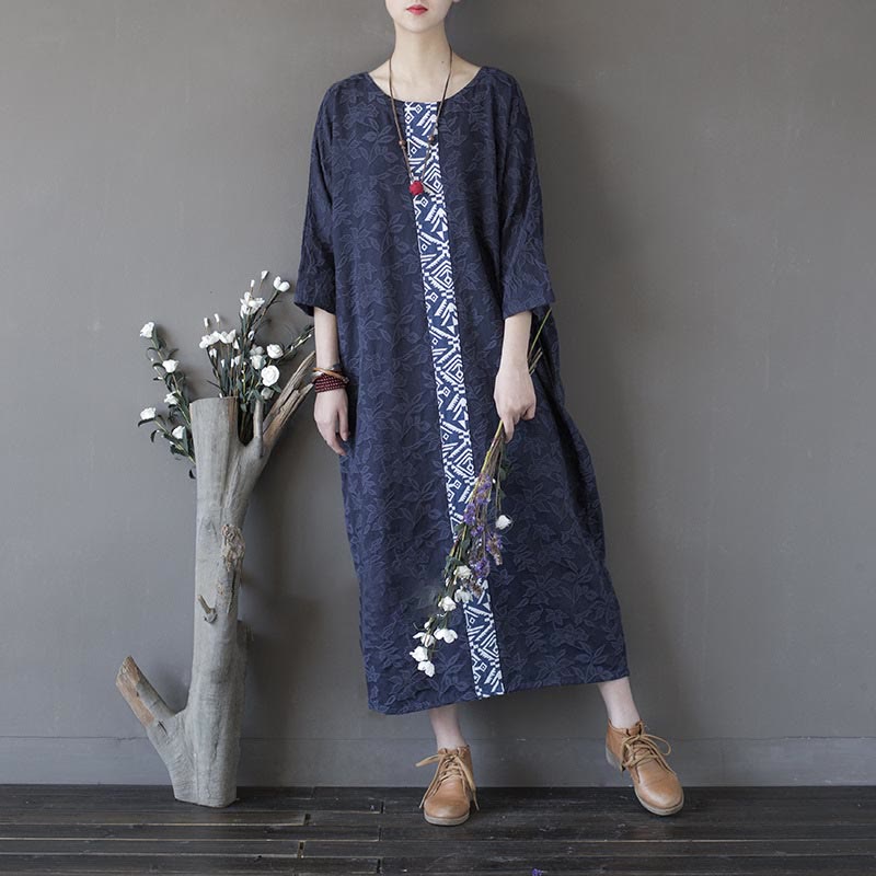 Buddha Stones – Jacquard-Midikleid mit Blumenstickerei, Blau, Dreiviertelärmeln, Baumwollkleid mit Taschen