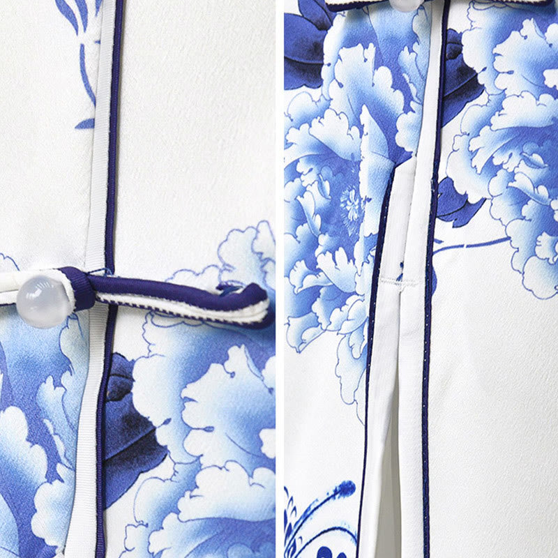 Buddha Stones, blaues und Weiß Porzellan, Pfingstrosen-Blumenmuster, Cheongsam-Kleid, Damen-Qipao-Kleid - image 12