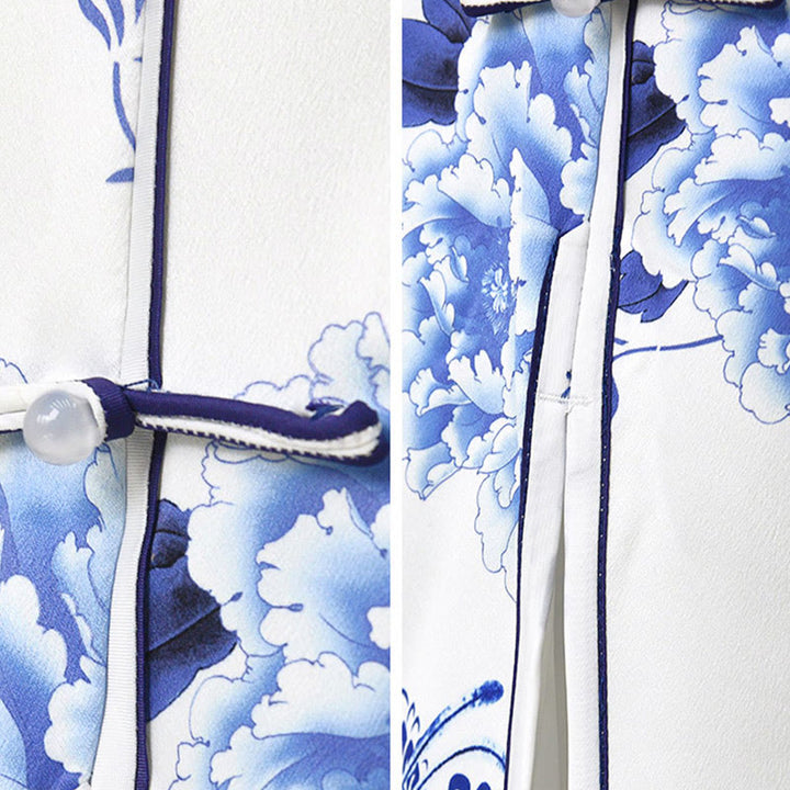Buddha Stones, blaues und Weiß Porzellan, Pfingstrosen-Blumenmuster, Cheongsam-Kleid, Damen-Qipao-Kleid - image 12