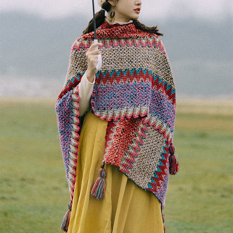 Tibetischer Schal mit Buddha Stones, warmer Umhang, tibetischer Quastenschal - Roter Cardigan - image 0