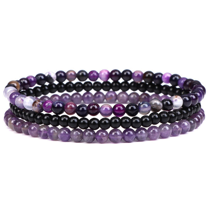 Buddha Stones 3-teiliges spirituelles Armband aus natürlichem Kristallstein für inneren Frieden - 4 mm schwarze Glasperlen & Amethyst (Handgelenkumfang 15-16 cm) - image 0