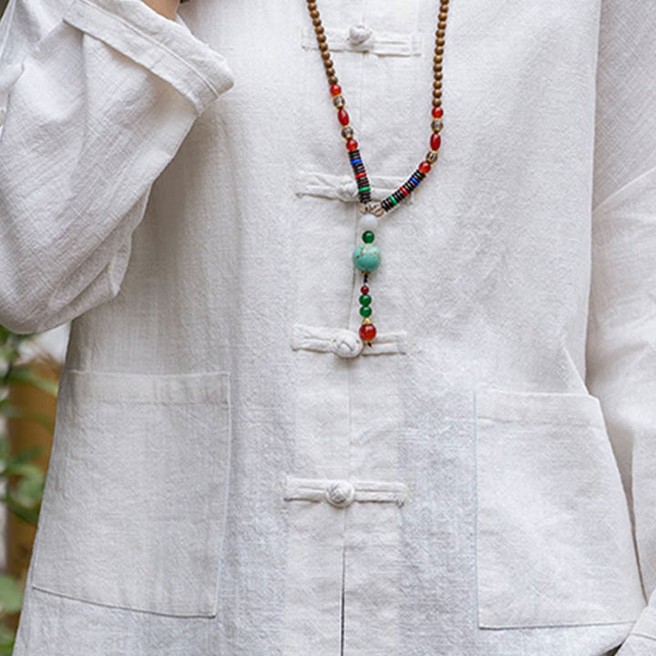 Buddha-Steine Frosch-Knopf-Design Shirt Tai Chi Meditation Top Kleidung Ramie Leinen Jacke
