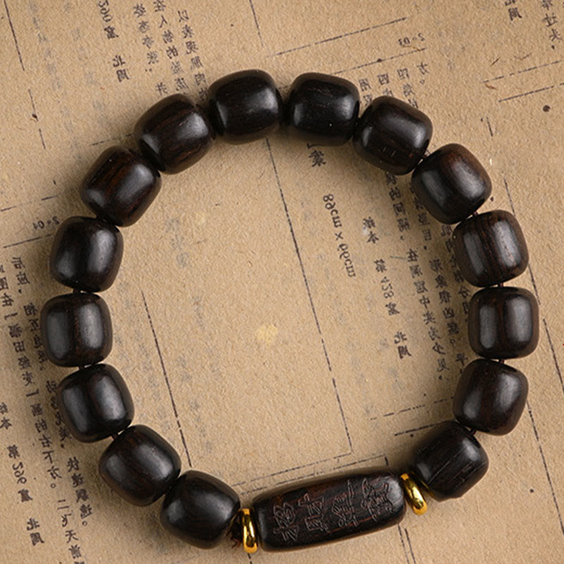 Buddha Stones Tibetisches Ebenholz-Fassperlen-Armband mit Glücks- und Schatz-Balance