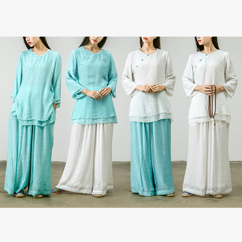 Buddha Stones 2-teiliges Tang-Anzug-Shirt, Oberteil und Hose, Meditation, Zen, Tai Chi, Tencel-Kleidung für Damen