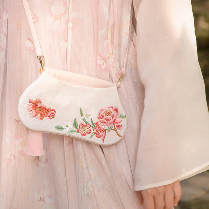 Buddha Stones Luck Stickerei Lotus Koi Fisch Kaninchen Blume Hanfu Tasche Umhängetasche Umhängetasche - Koi-Fisch-Pfingstrose - image 29