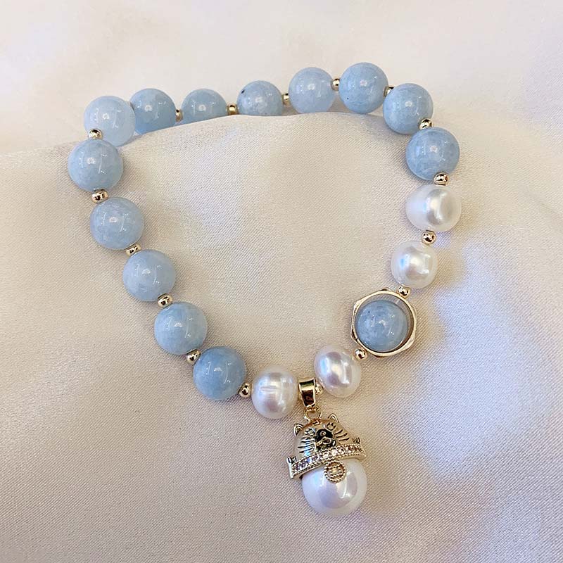 Charm-Armband mit Buddha Stonesn, Aquamarin-Perle, Friedensheilung, Glückskatze - Aquamarin - image 1